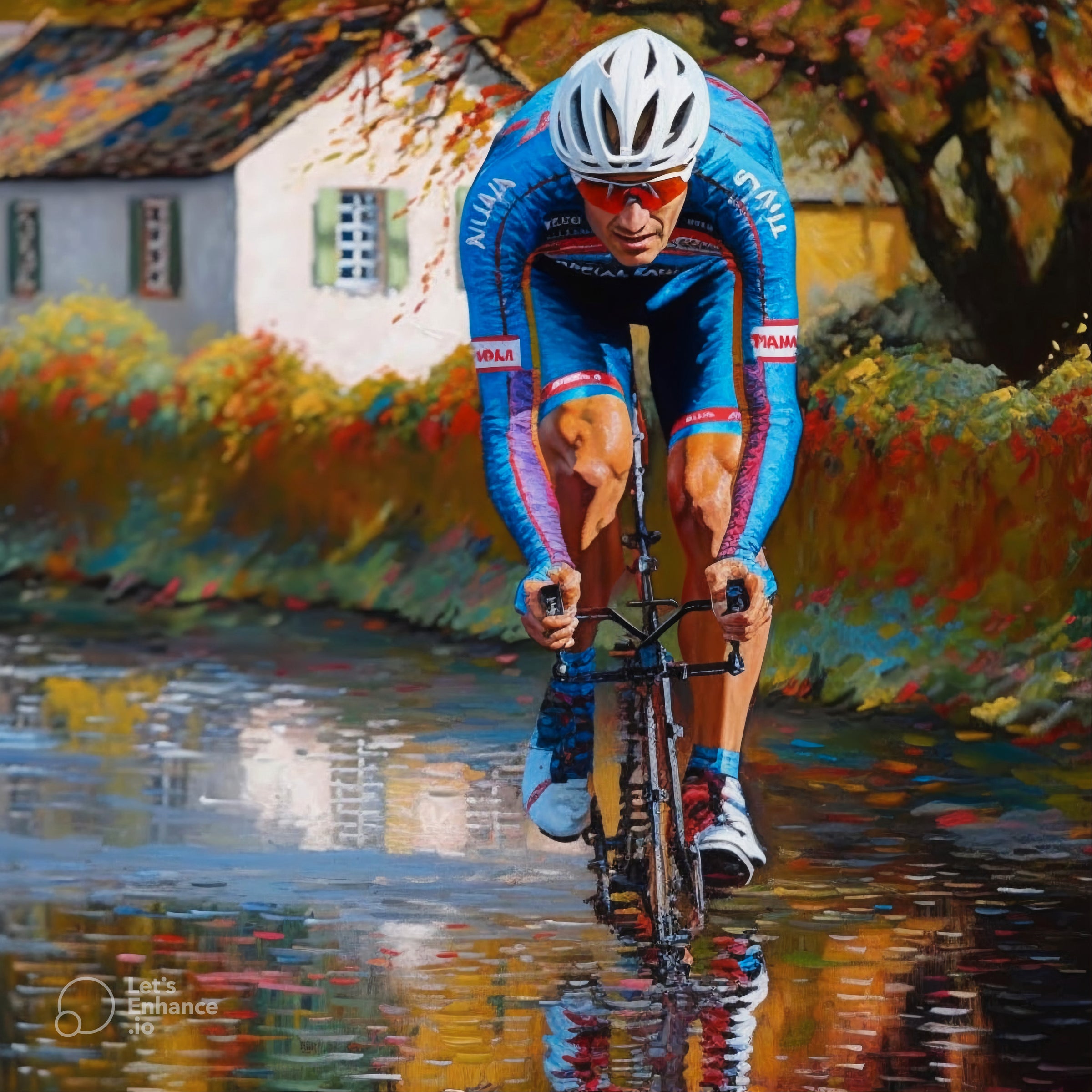 Impressionist painting of cyclists racing