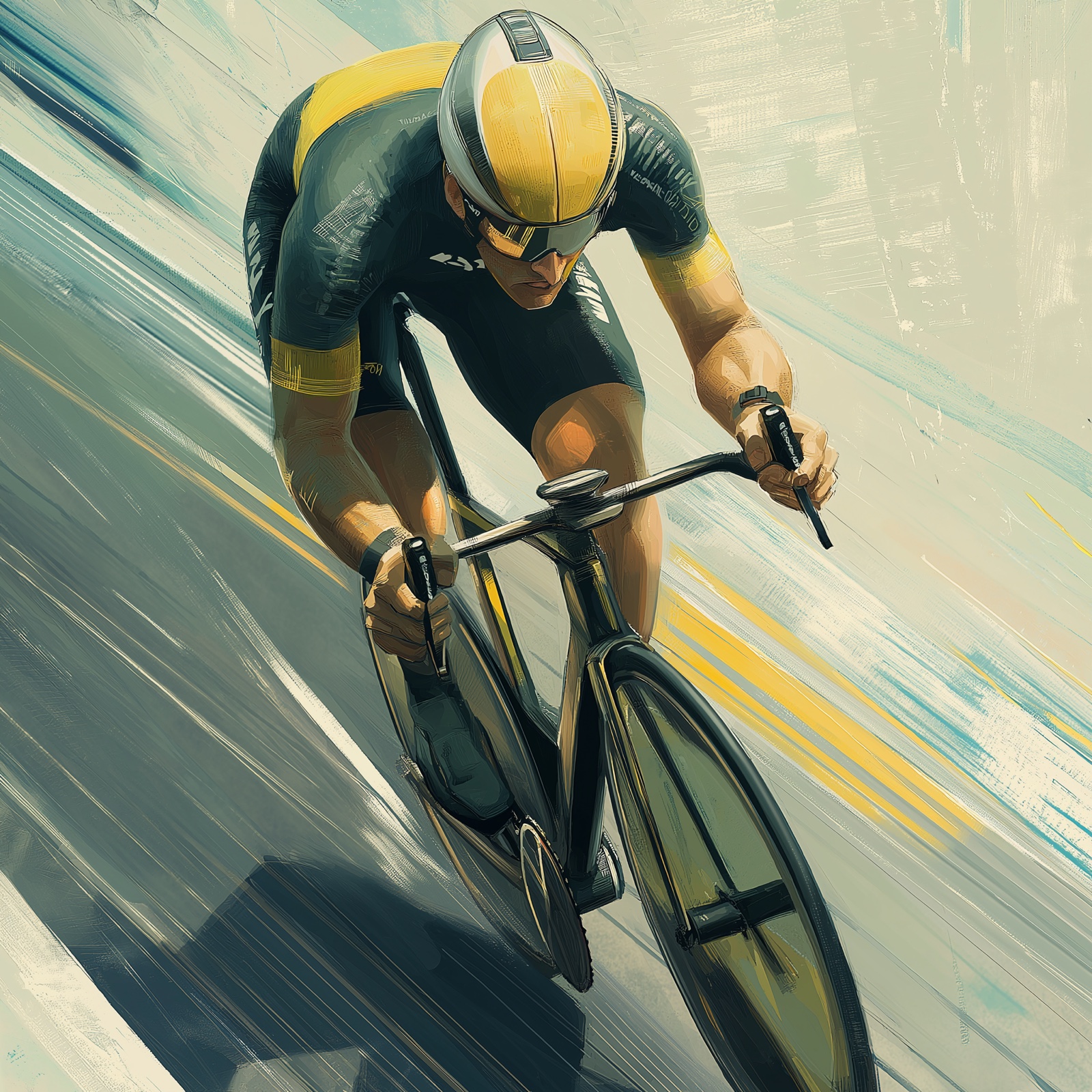 Graphic painting of a track cyclist in black and yellow, full tuck on a velodrome with a rear disc wheel and motion streaks