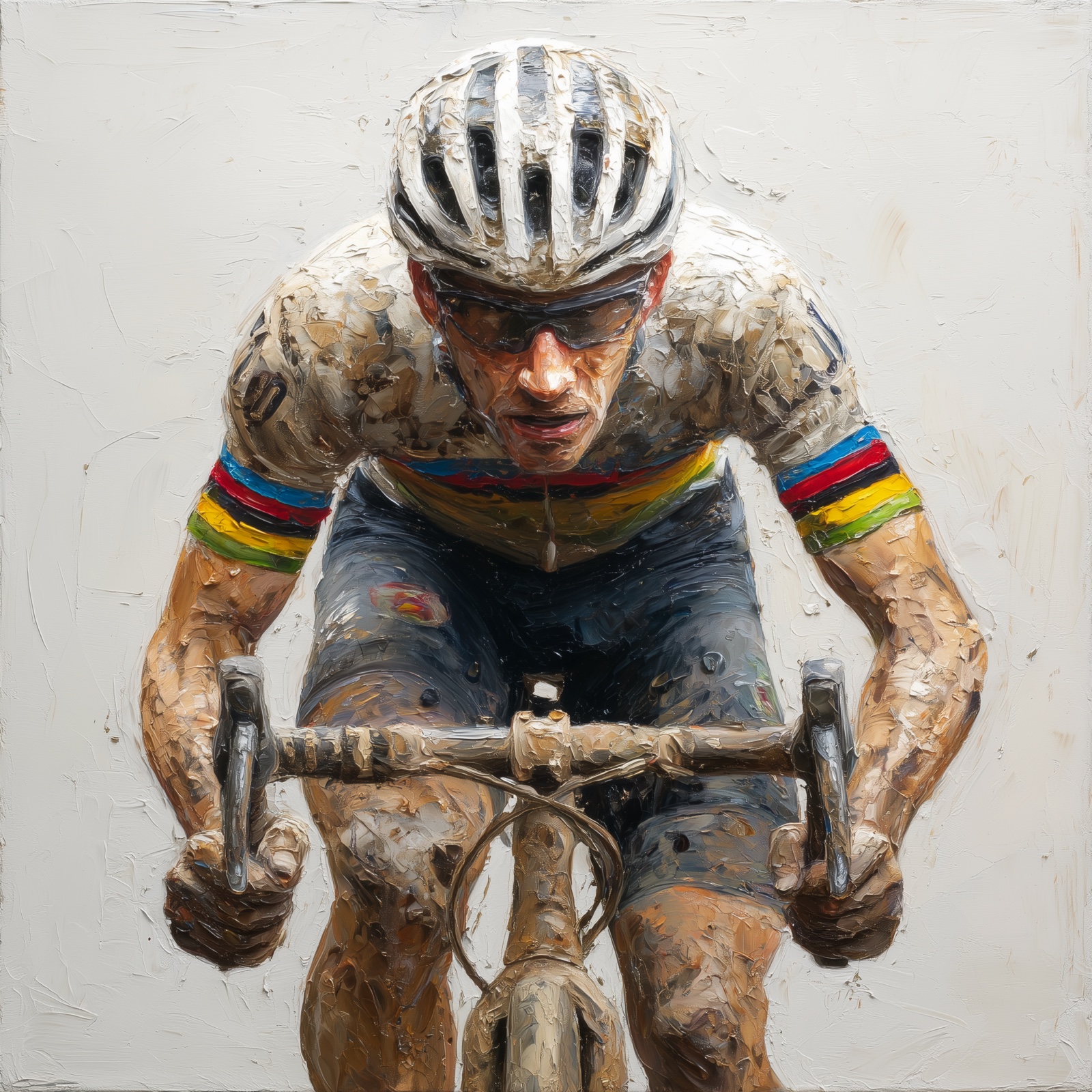 Heavy impasto painting of a mud-covered cyclist in the world champion's rainbow bands riding head-on, thick sculptural paint on a pale cream background